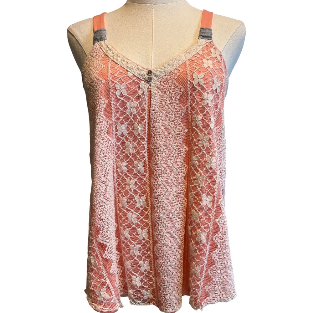 Jolt Lace Tank Top Boho Coral Cream Flowy Sleeveless Medium